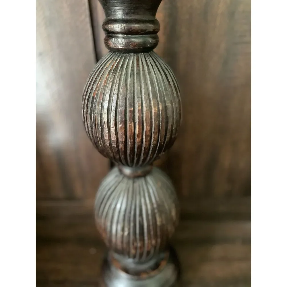Vintage Hand Carved Wooden Floor Candle Holder | Rustic Ribbed Candlestick boho
